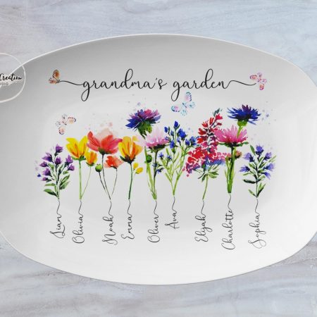 Custom Grandma's Garden Plate With Grandkids Names, Family Name Watercolor Flowers Personalized Platter, Unique Mothers Day Gift for Grandma HG